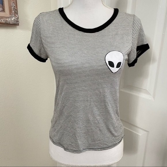 French Pastry Striped Alien Ringer Tee Sz Med Black White - Picture 2 of 7